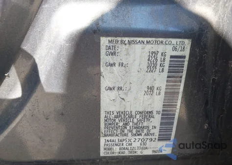 2018 Nissan Altima 2.5 Sv from USA, damaged, VIN 1N4AL3AP5JC270792